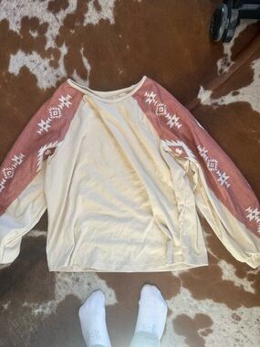 Cream Raglan Top with Dusty Rose Aztec Sleeves